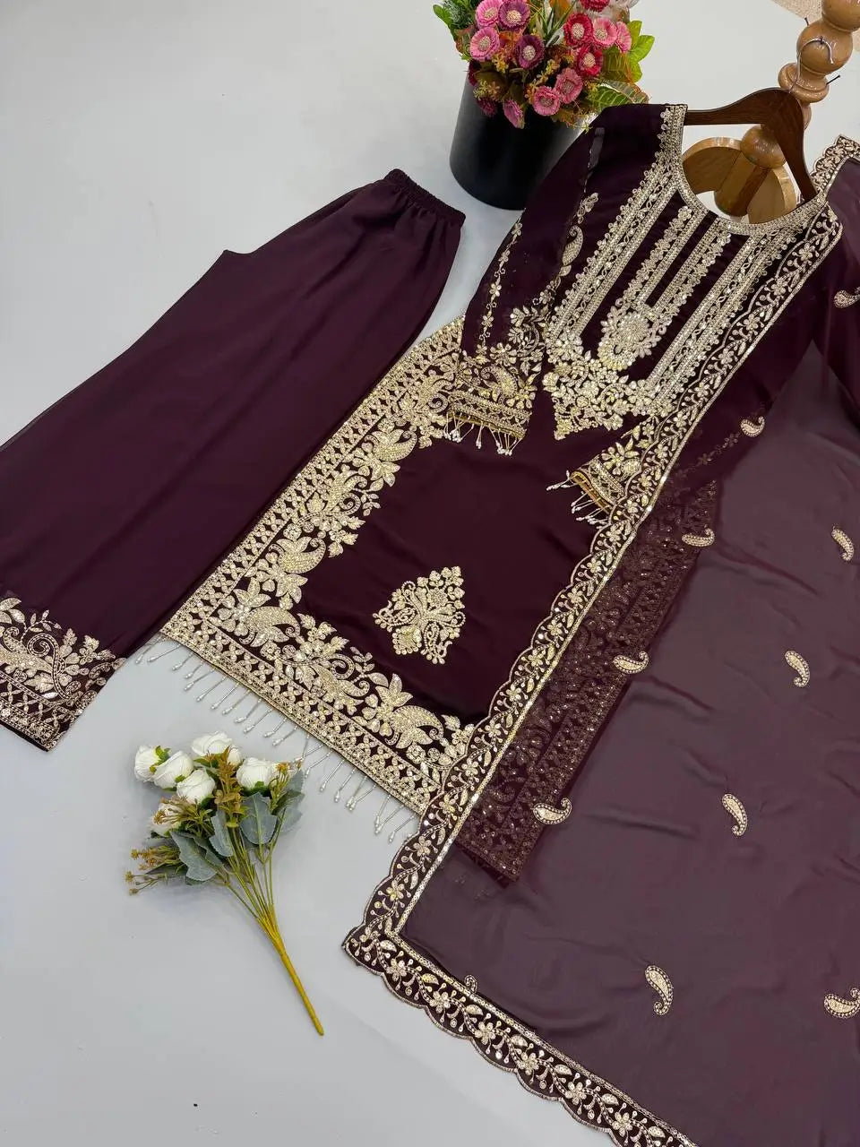 Zari Sequin Embroidered Palazzo Suit