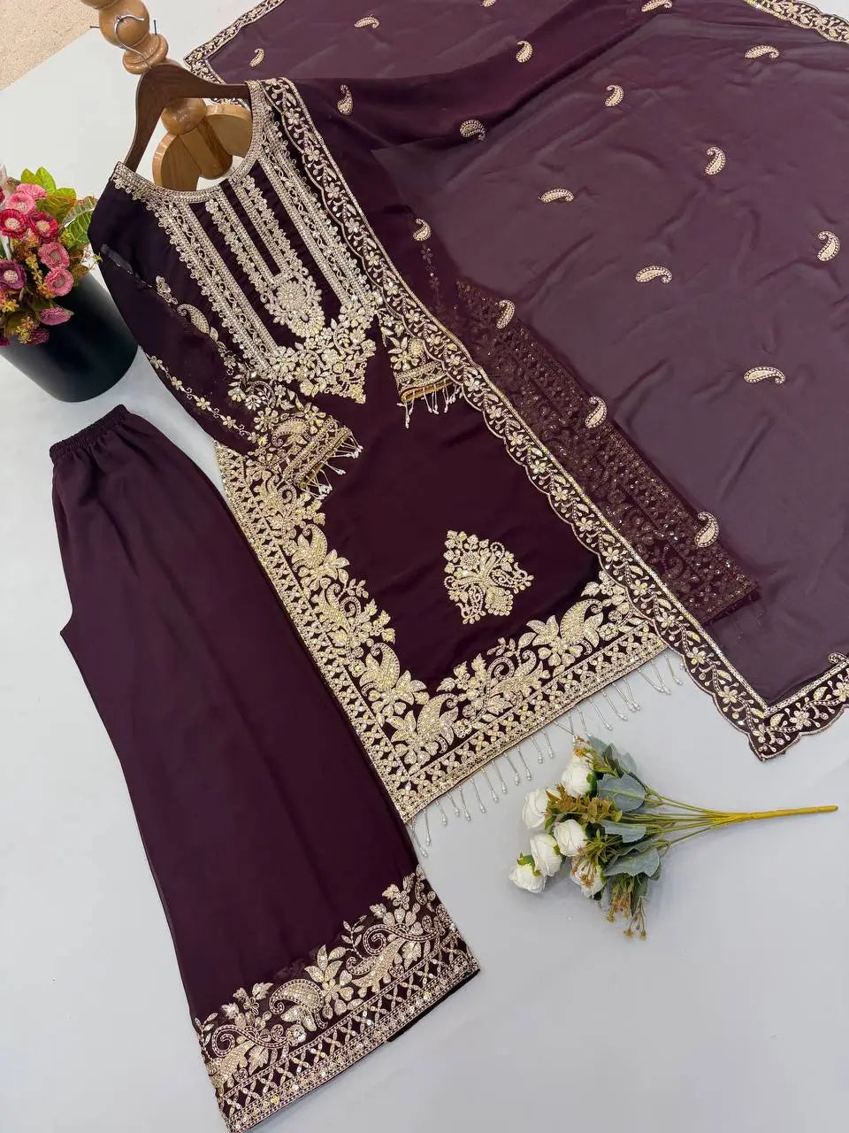 Zari Sequin Embroidered Palazzo Suit