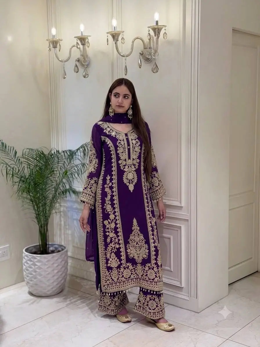 Zari Sequin Georgette Embroidered Palazzo Suit