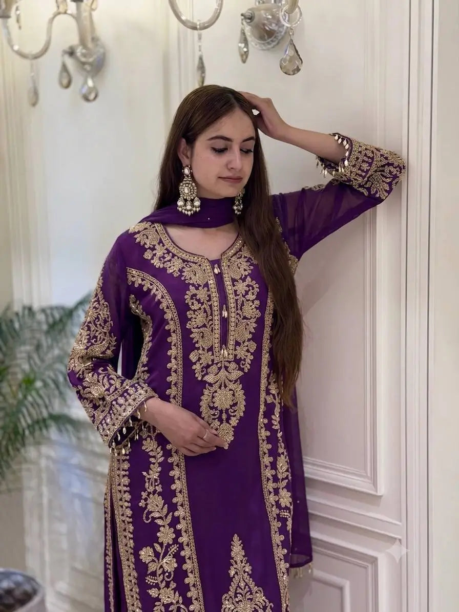 Zari Sequin Georgette Embroidered Palazzo Suit
