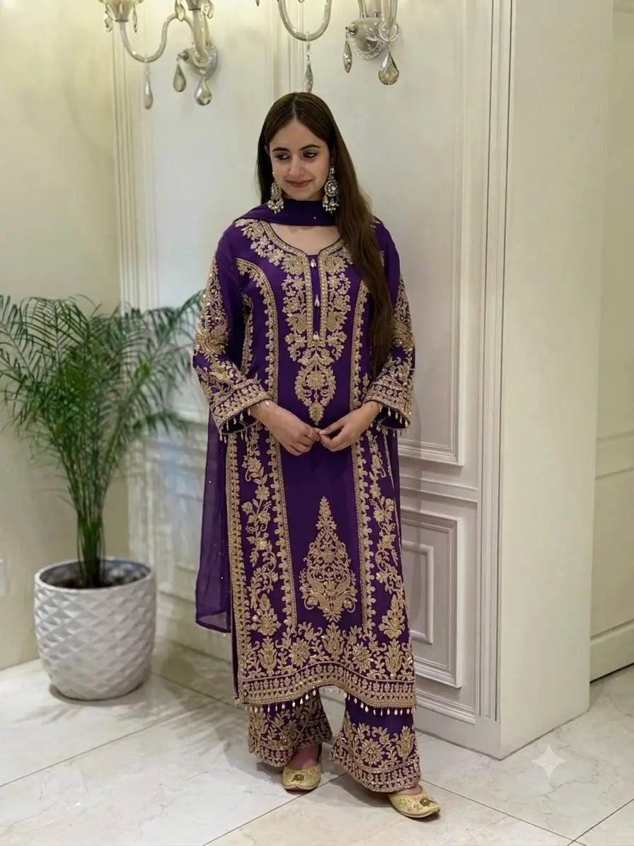 Zari Sequin Georgette Embroidered Palazzo Suit