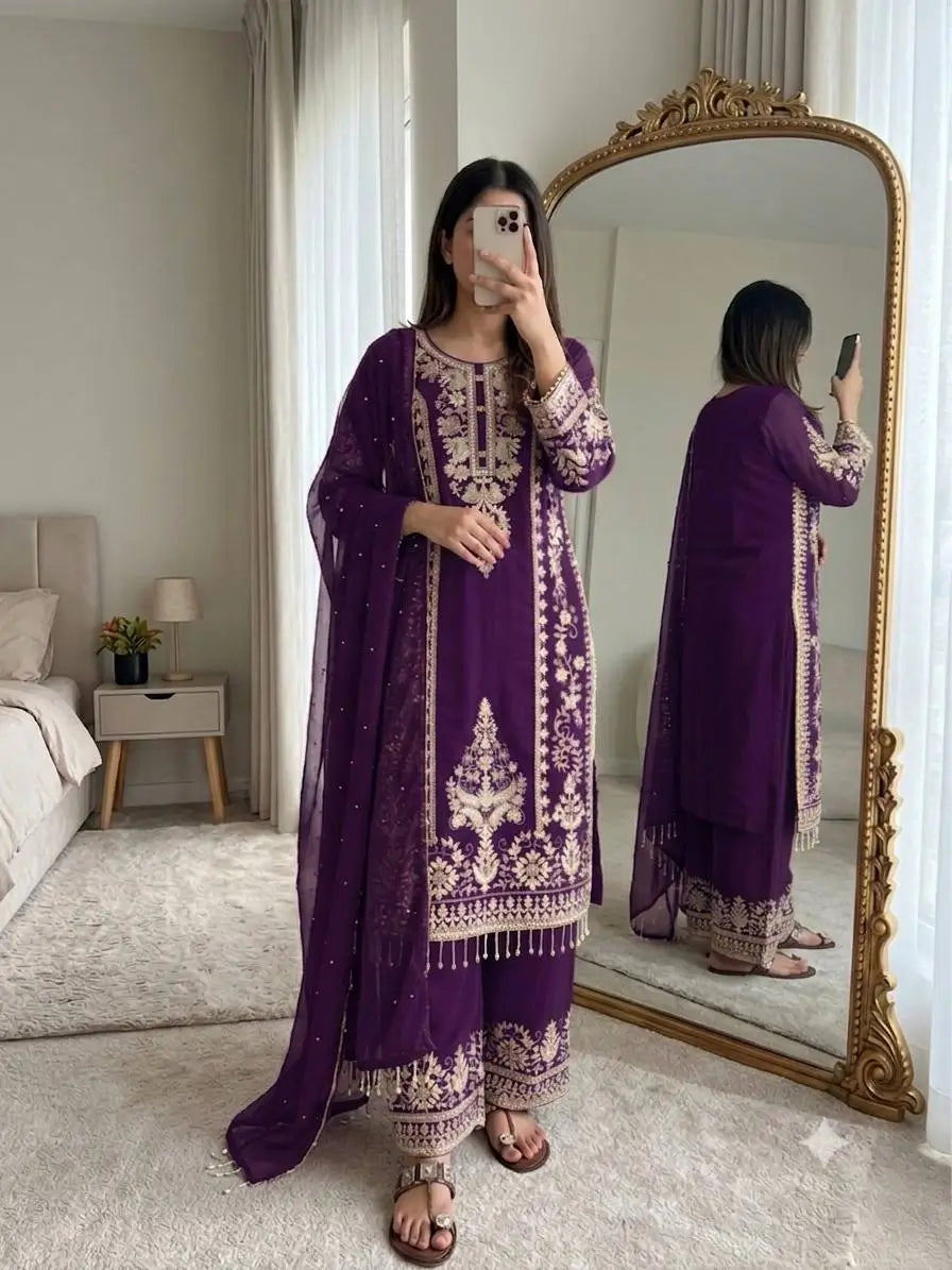 Zari Sequin Georgette Embroidered Palazzo Suit