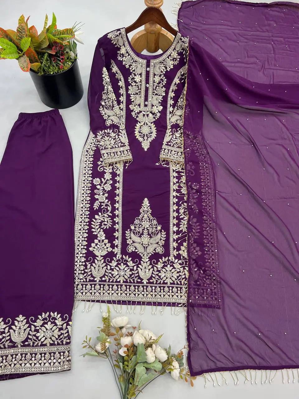 Zari Sequin Georgette Embroidered Palazzo Suit