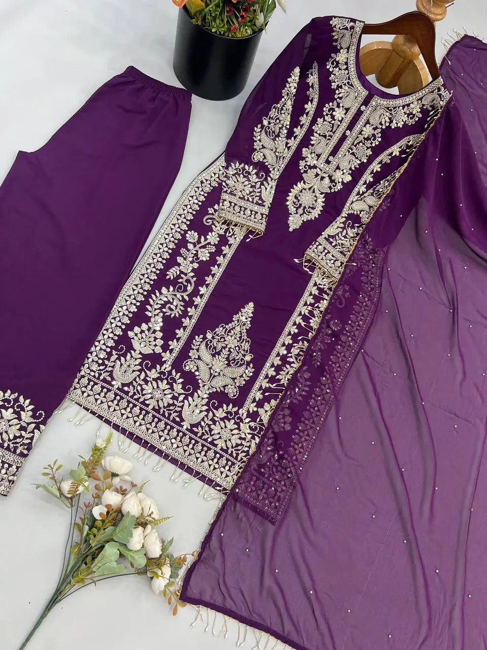 Zari Sequin Georgette Embroidered Palazzo Suit