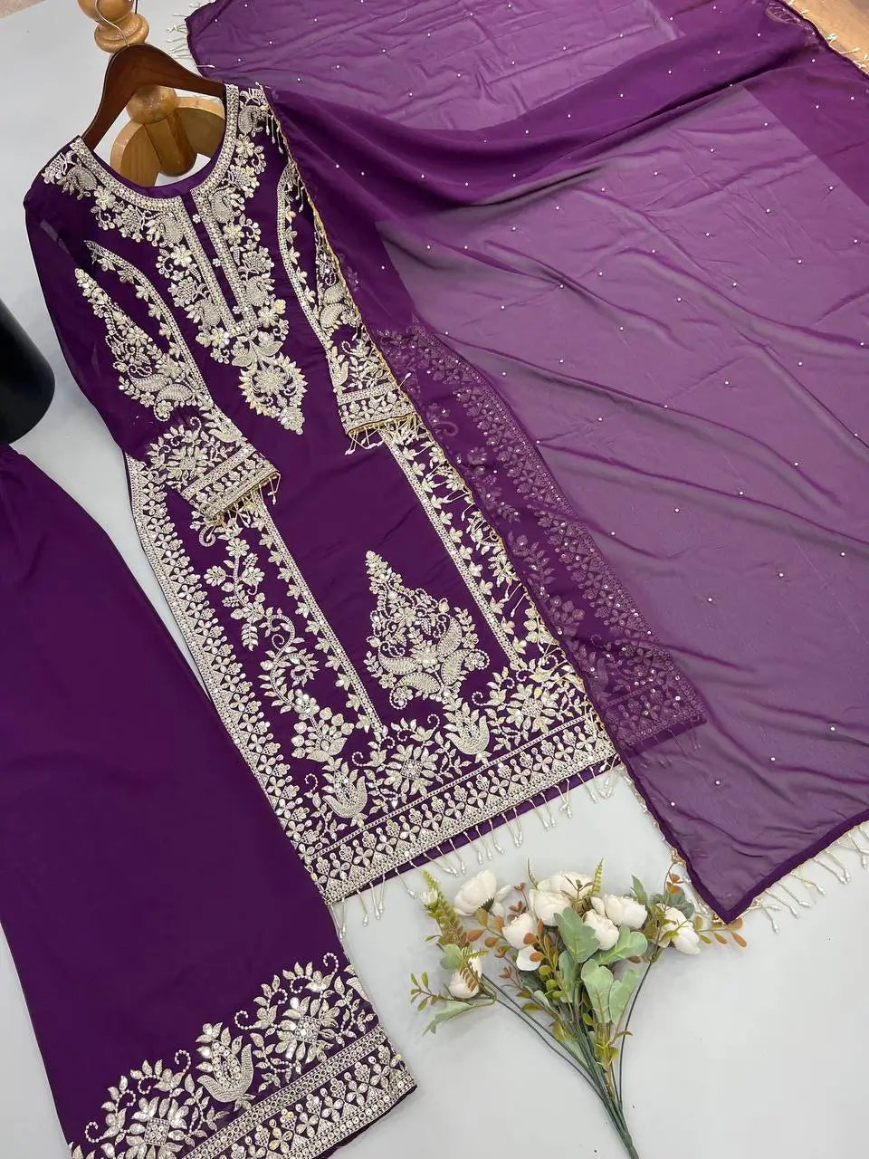 Zari Sequin Georgette Embroidered Palazzo Suit