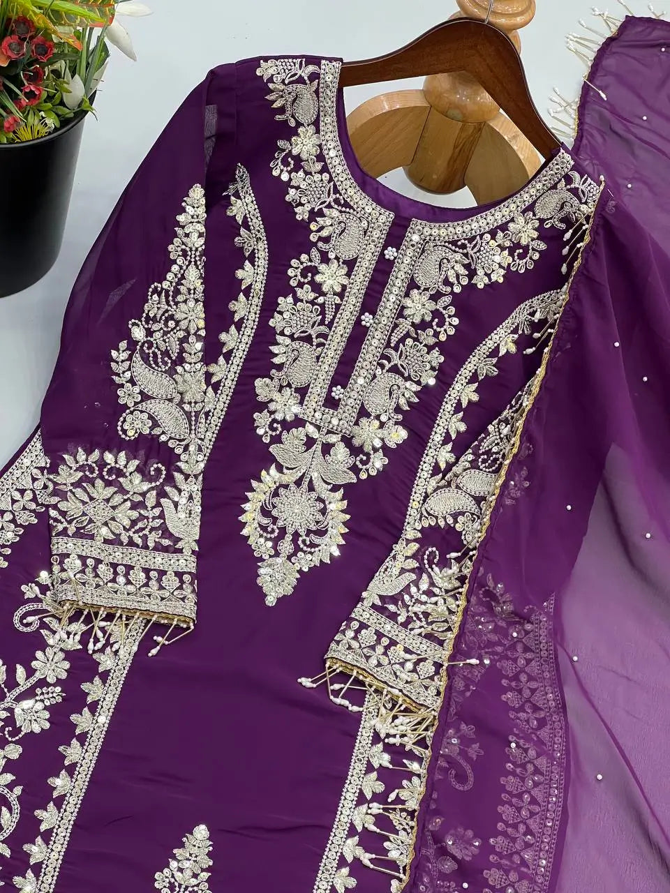 Zari Sequin Georgette Embroidered Palazzo Suit