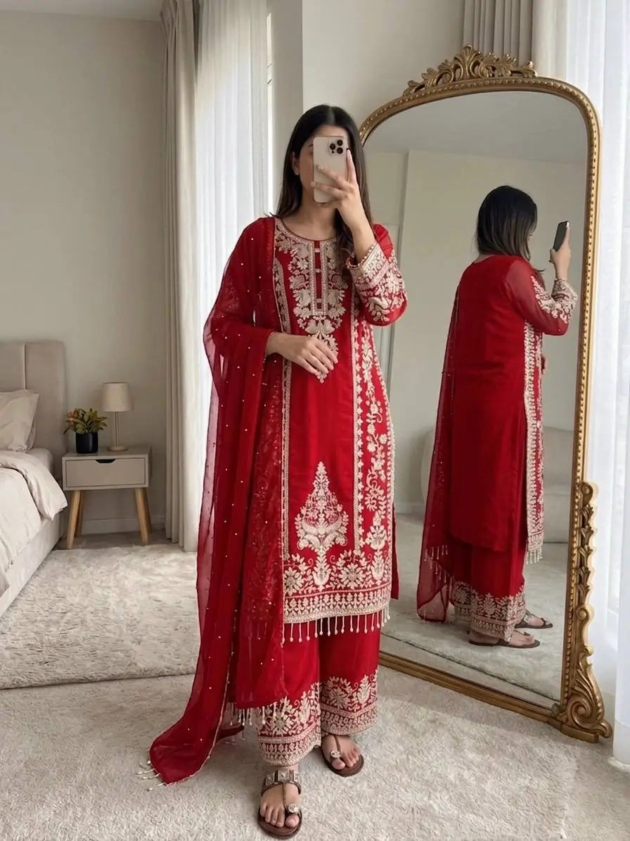 Zari Sequin Georgette Embroidered Palazzo Suit