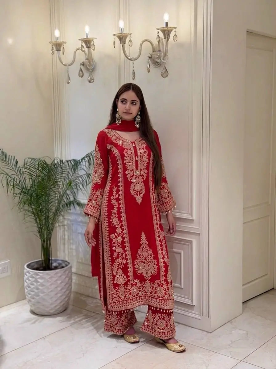 Zari Sequin Georgette Embroidered Palazzo Suit