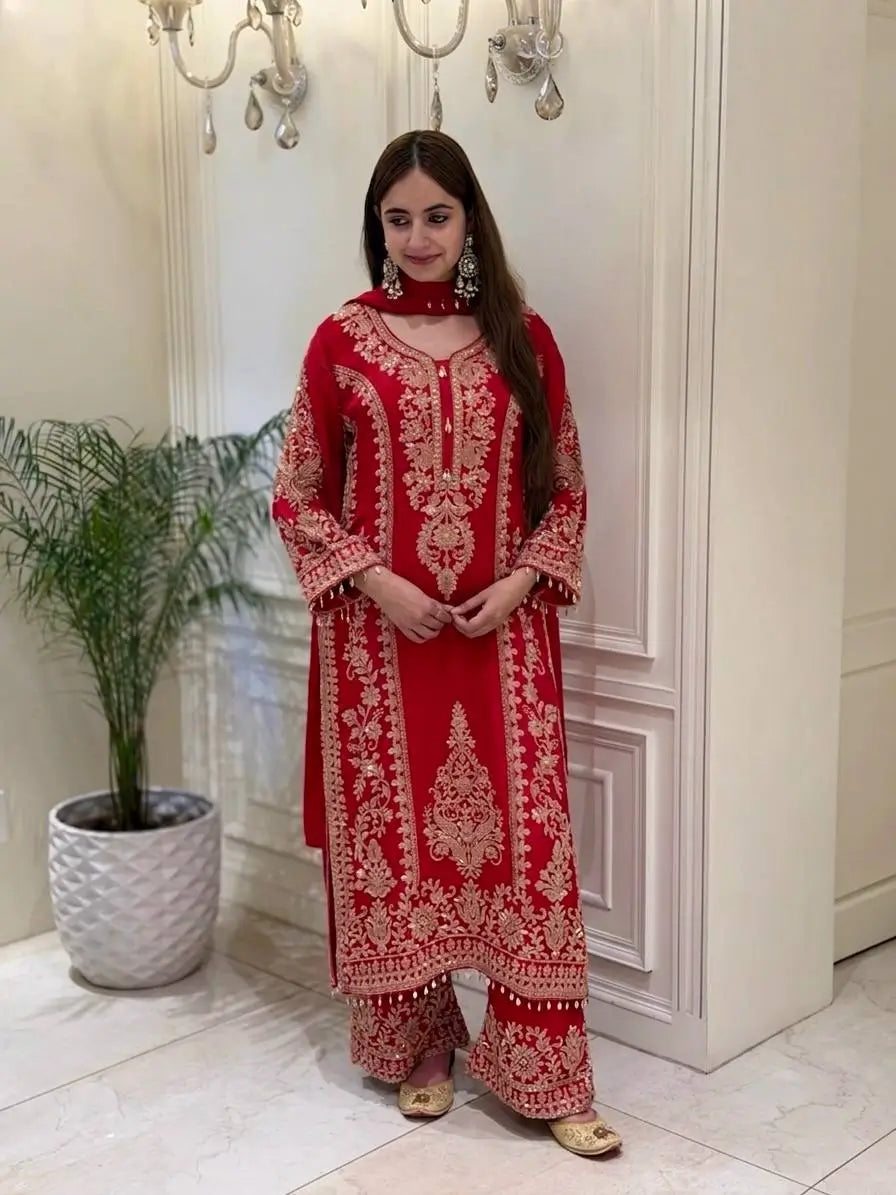 Zari Sequin Georgette Embroidered Palazzo Suit