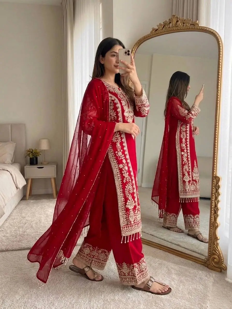 Zari Sequin Georgette Embroidered Palazzo Suit