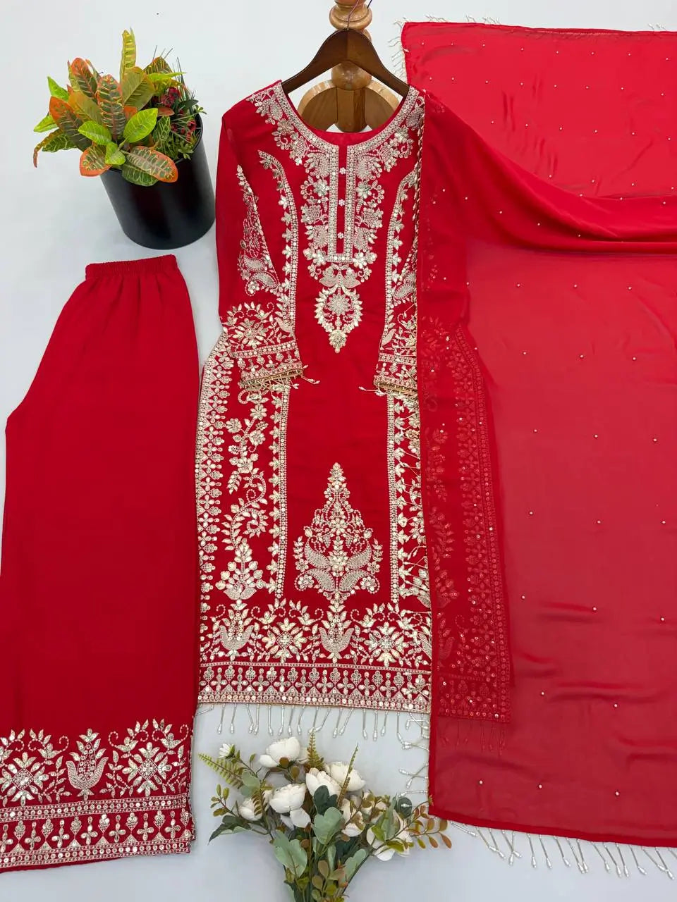 Zari Sequin Georgette Embroidered Palazzo Suit