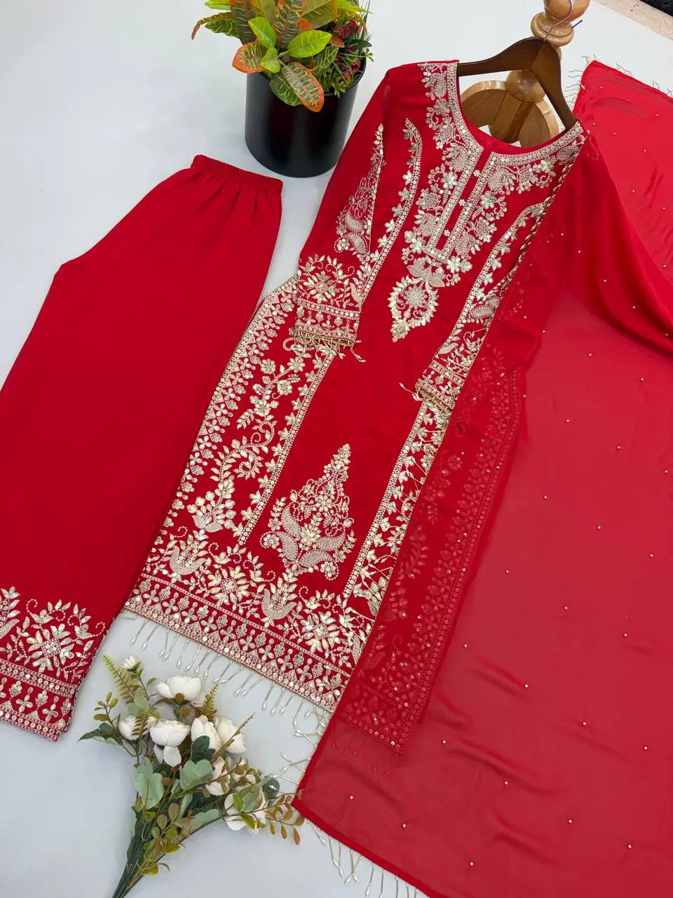 Zari Sequin Georgette Embroidered Palazzo Suit