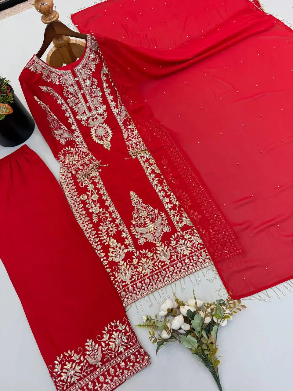 Zari Sequin Georgette Embroidered Palazzo Suit