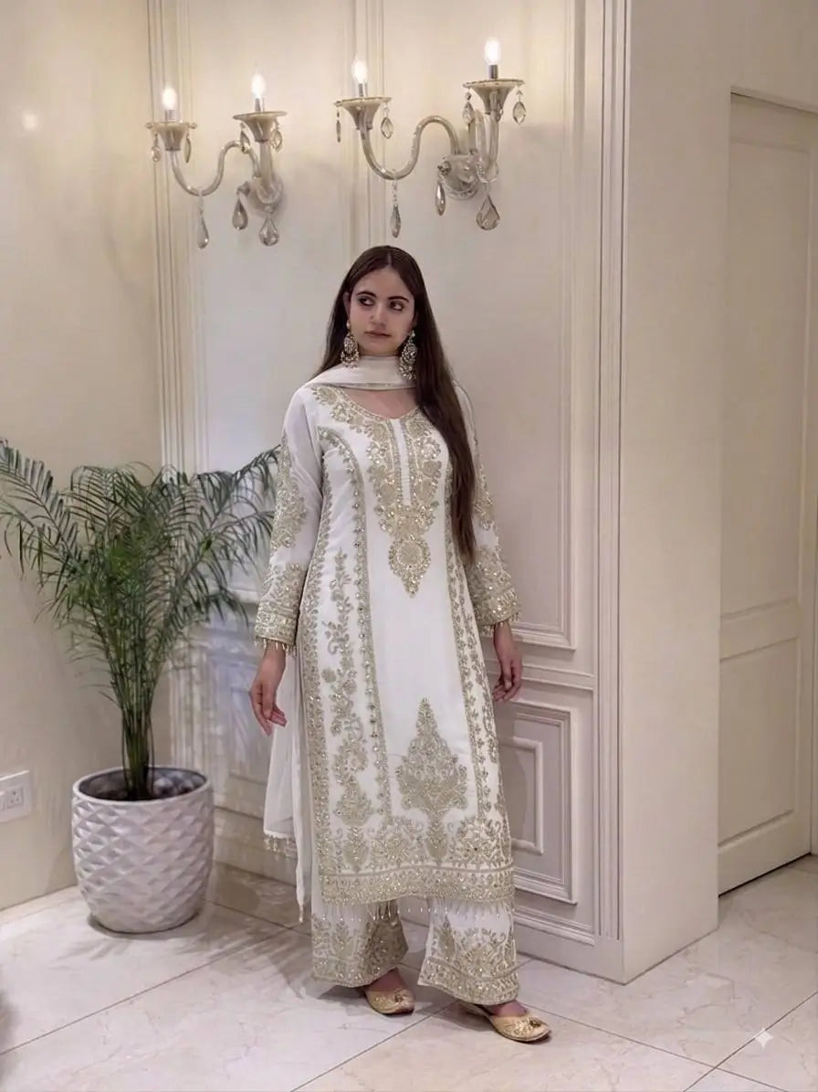 Zari Sequin Georgette Embroidered Palazzo Suit