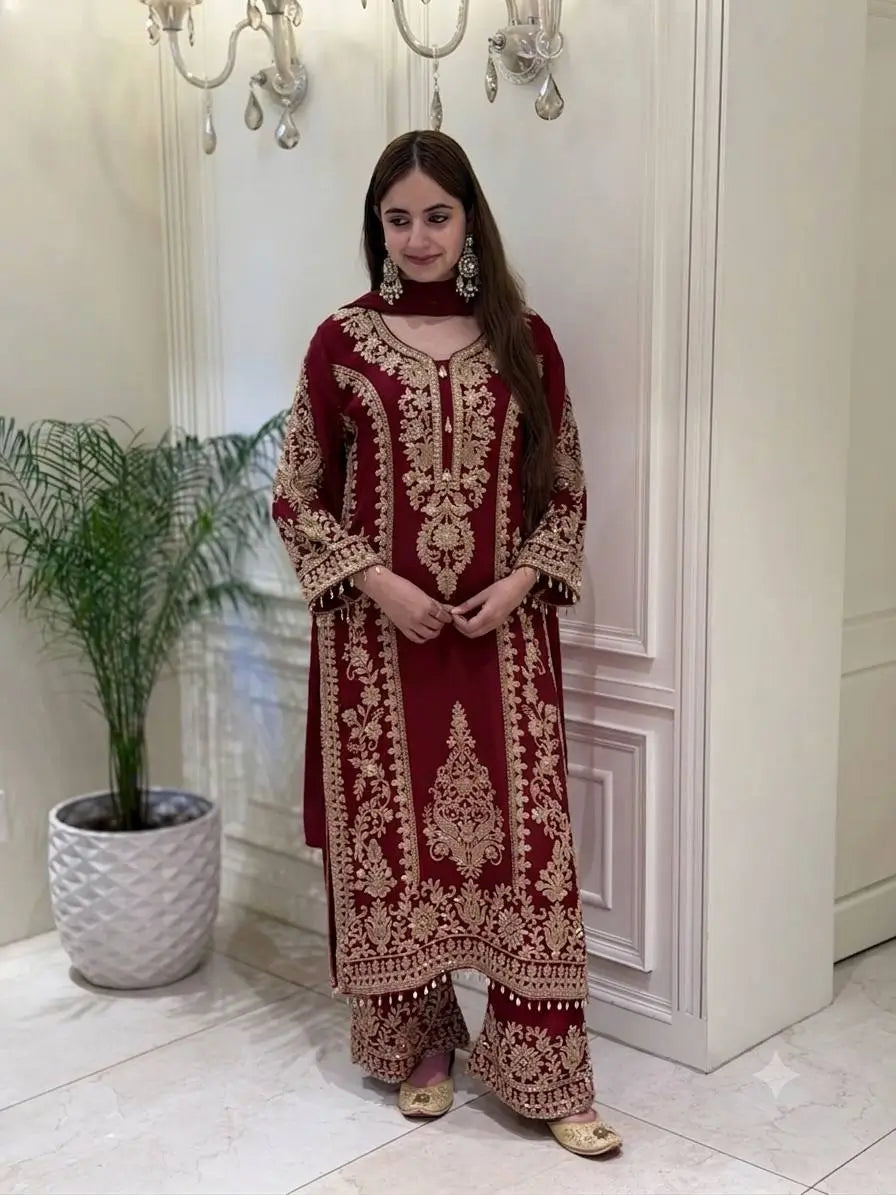 Zari Sequin Georgette Embroidered Palazzo Suit