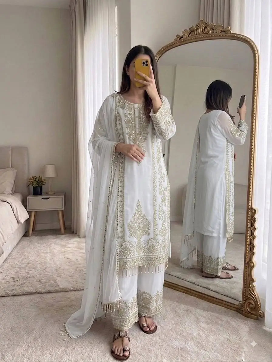 Zari Sequin Georgette Embroidered Palazzo Suit