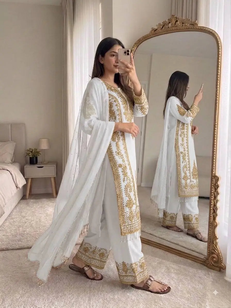 Zari Sequin Georgette Embroidered Palazzo Suit