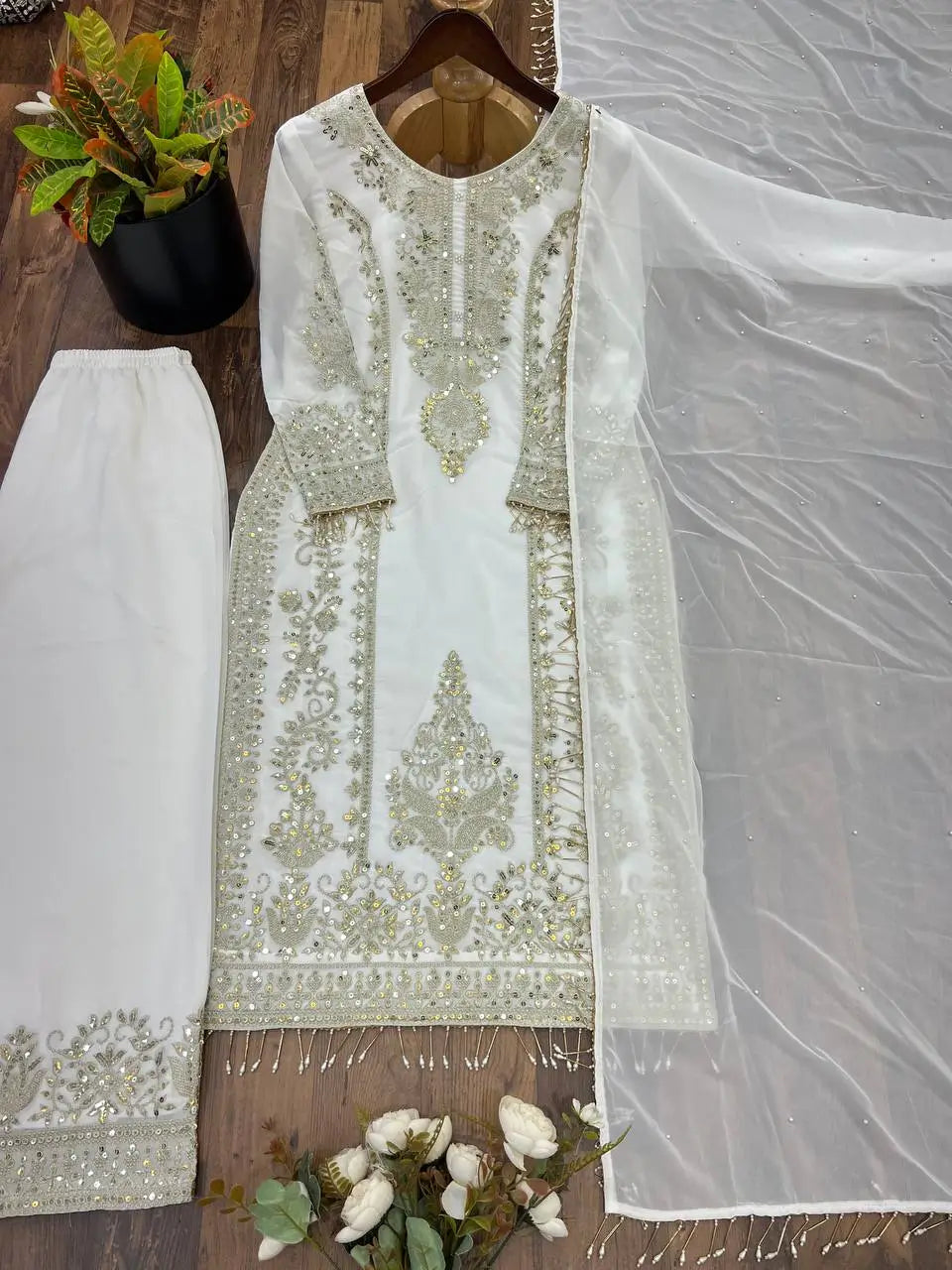 Zari Sequin Georgette Embroidered Palazzo Suit