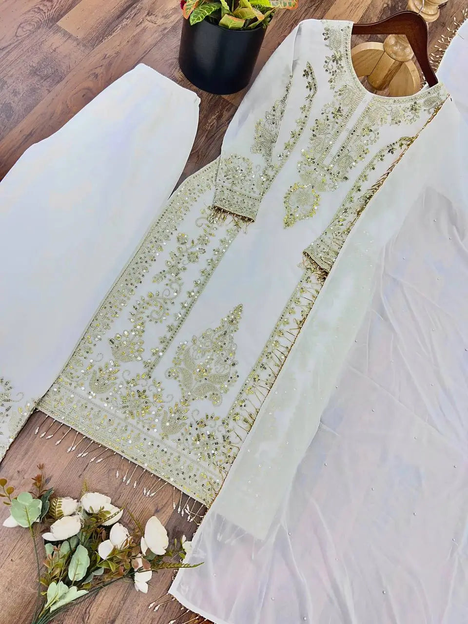 Zari Sequin Georgette Embroidered Palazzo Suit