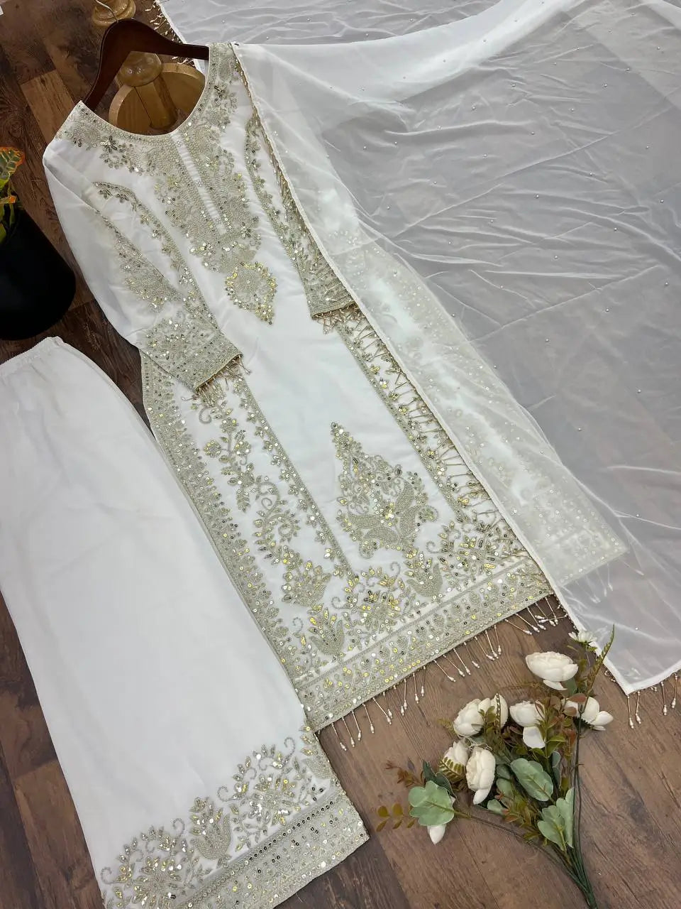 Zari Sequin Georgette Embroidered Palazzo Suit