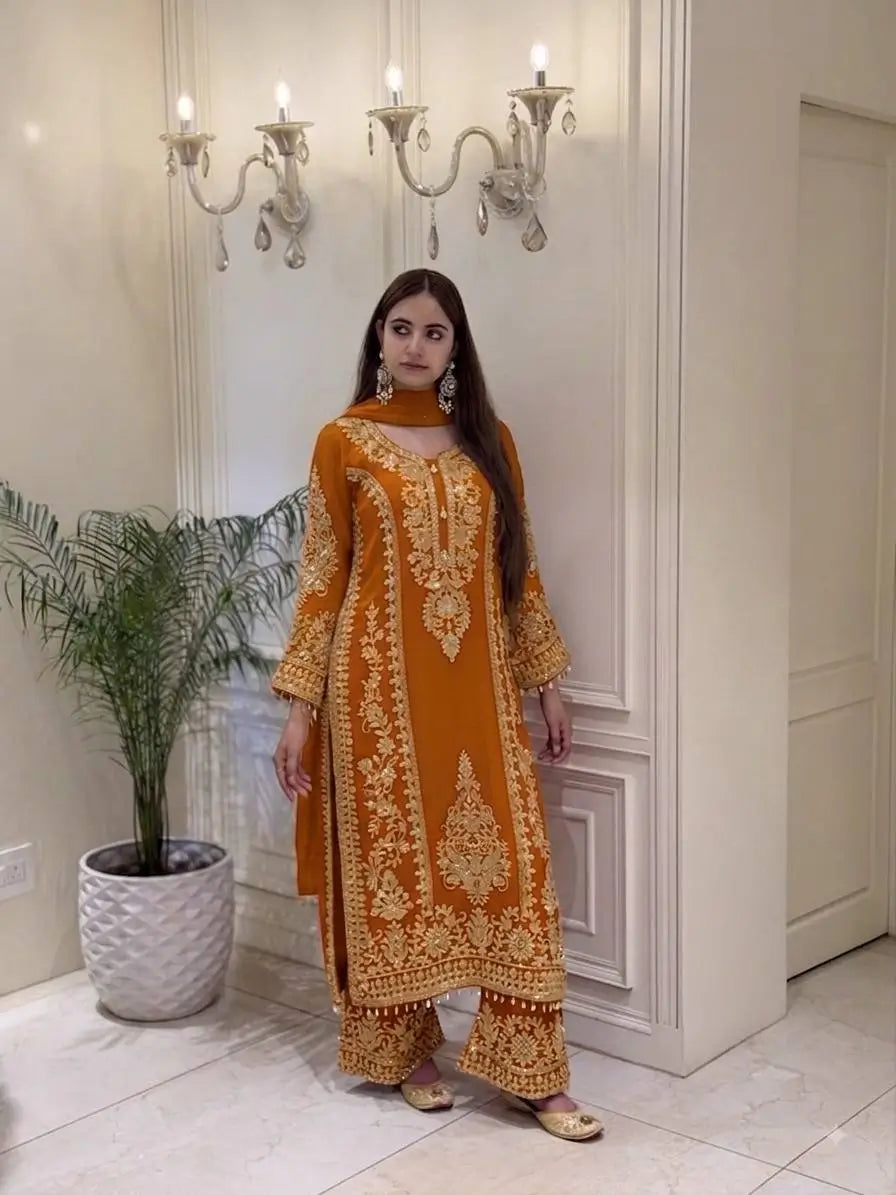 Zari Sequin Georgette Embroidered Palazzo Suit