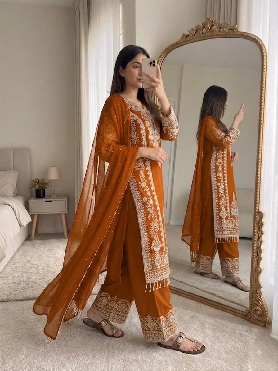 Zari Sequin Georgette Embroidered Palazzo Suit