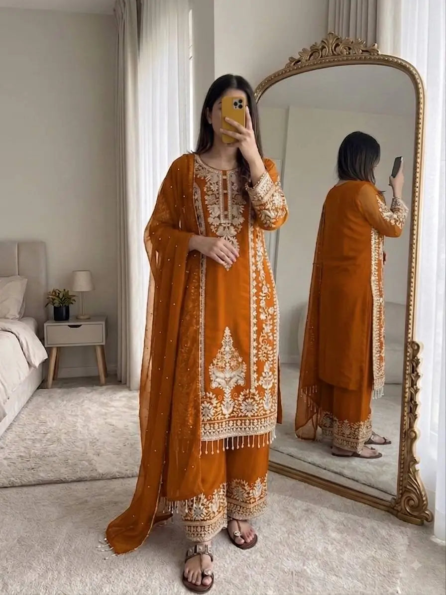 Zari Sequin Georgette Embroidered Palazzo Suit