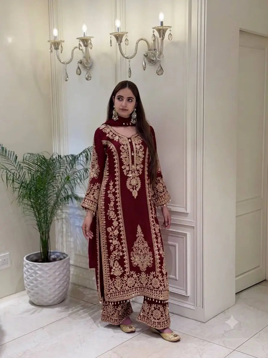 Zari Sequin Georgette Embroidered Palazzo Suit