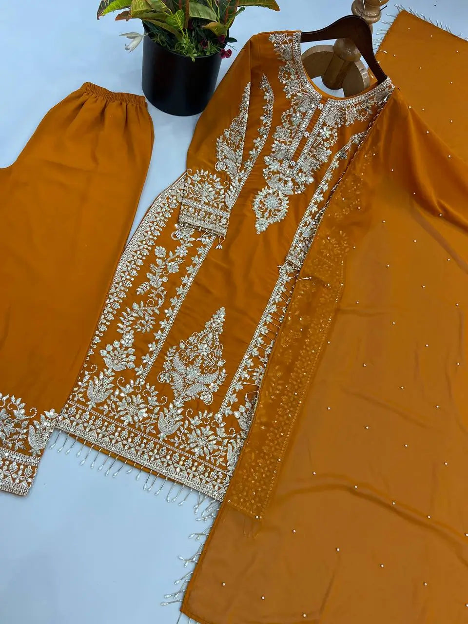 Zari Sequin Georgette Embroidered Palazzo Suit