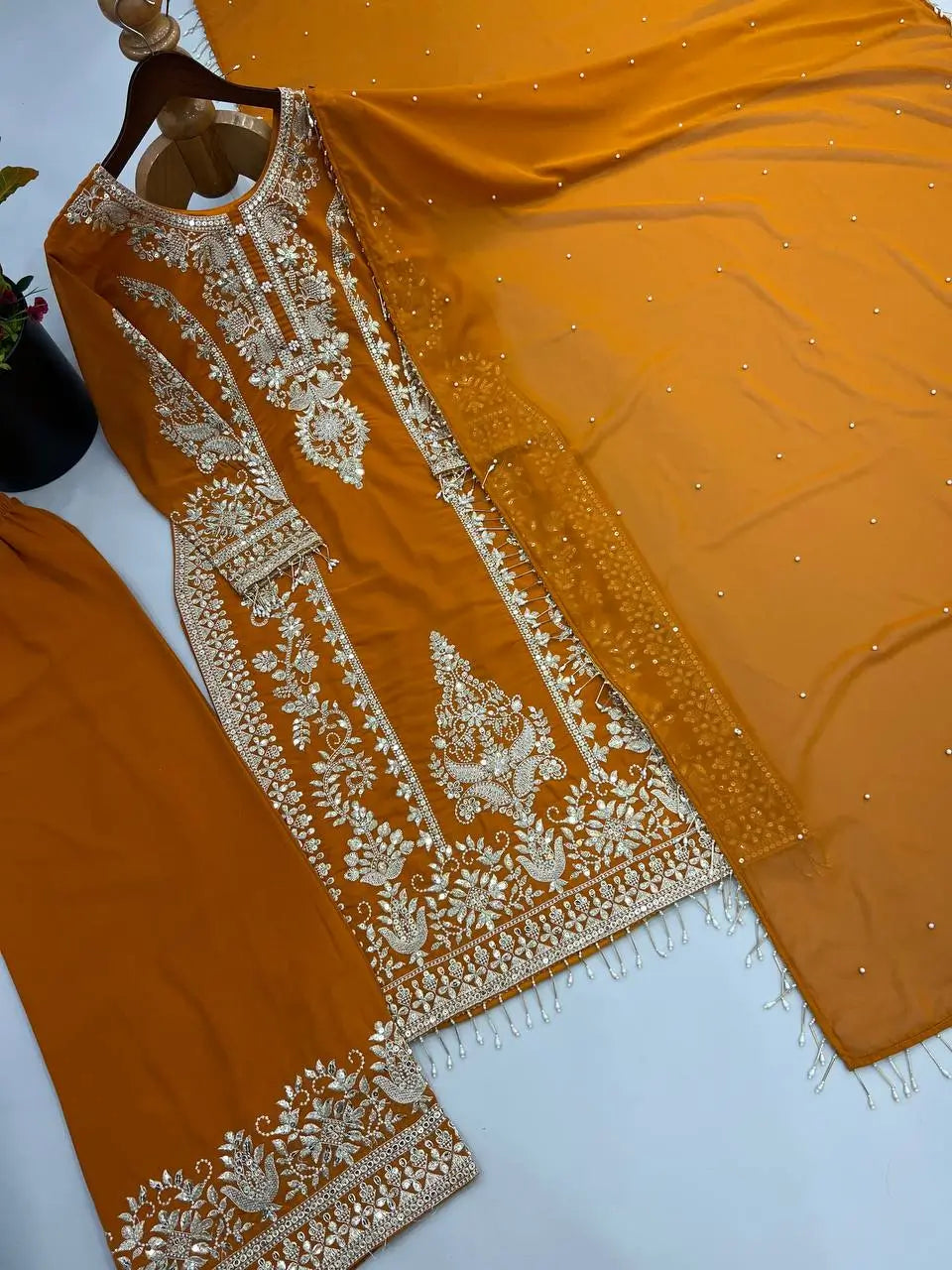 Zari Sequin Georgette Embroidered Palazzo Suit