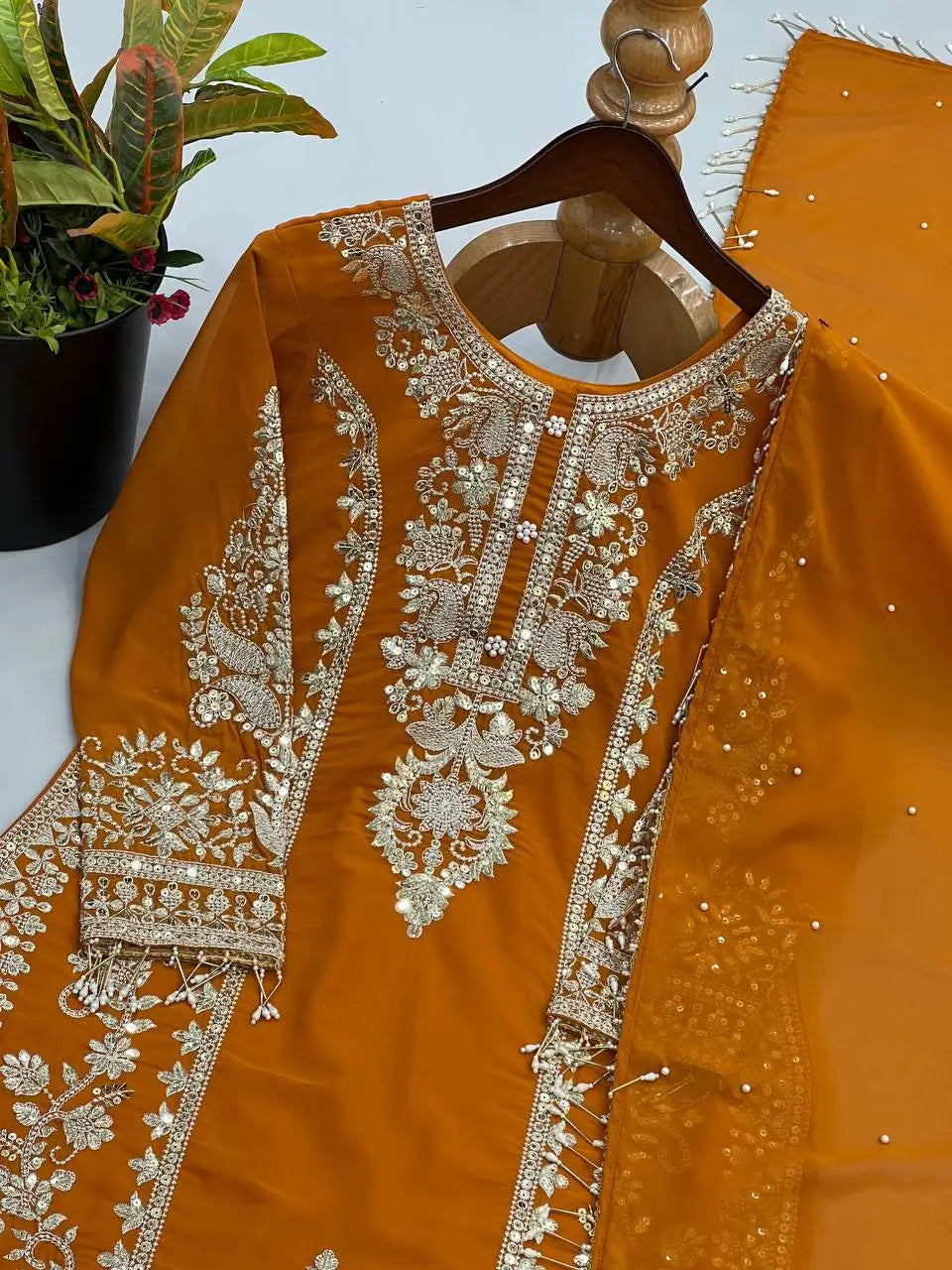 Zari Sequin Georgette Embroidered Palazzo Suit