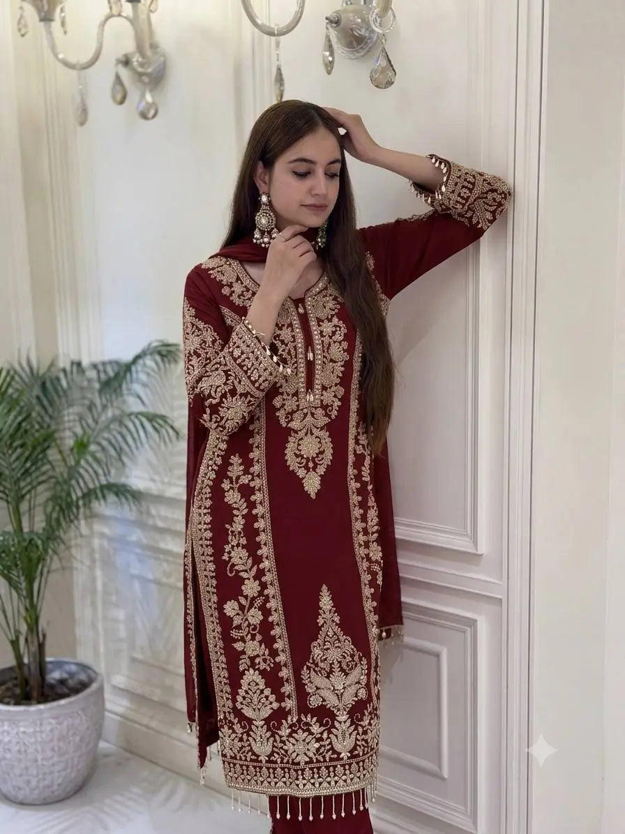 Zari Sequin Georgette Embroidered Palazzo Suit