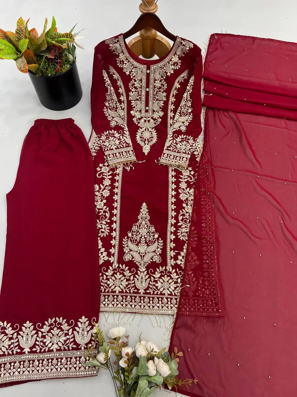 Zari Sequin Georgette Embroidered Palazzo Suit