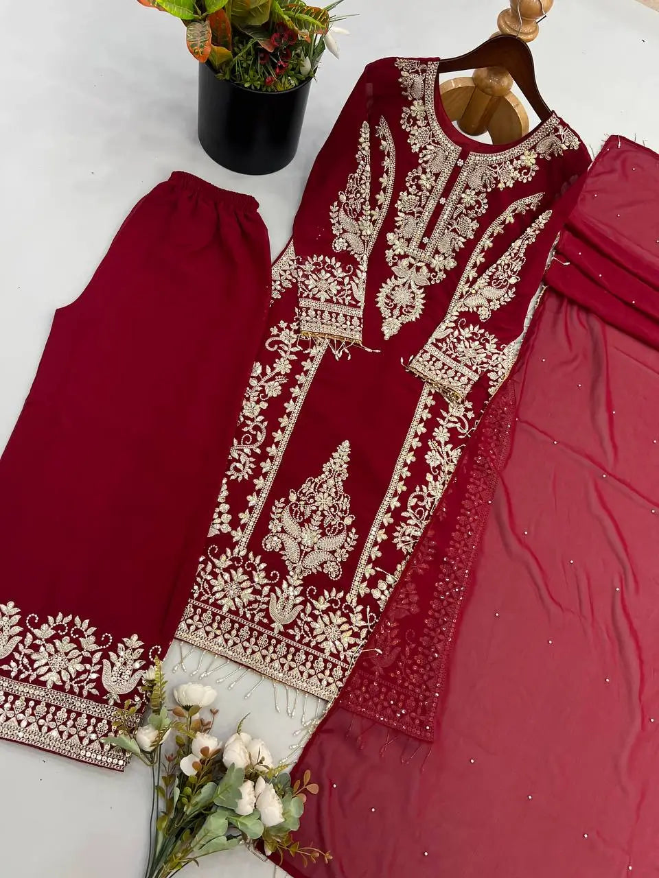 Zari Sequin Georgette Embroidered Palazzo Suit
