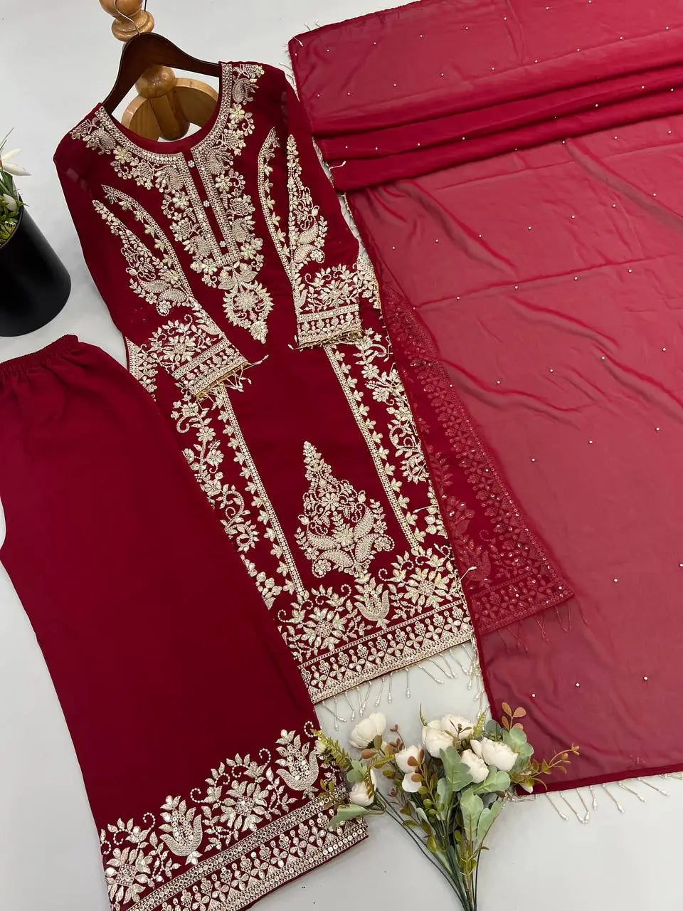 Zari Sequin Georgette Embroidered Palazzo Suit