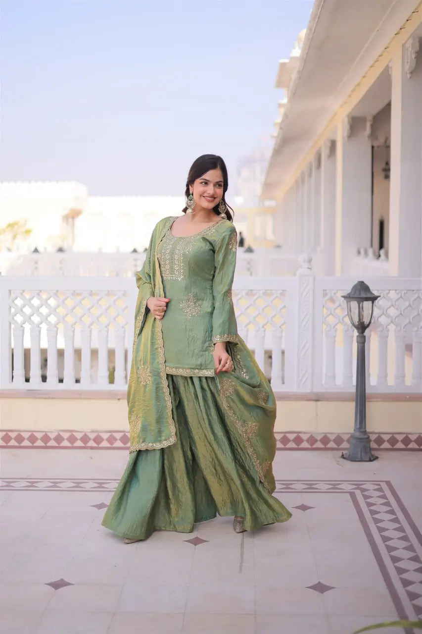 Zari Sequins Embroidered Fendi Crush Kurti Sharara Set