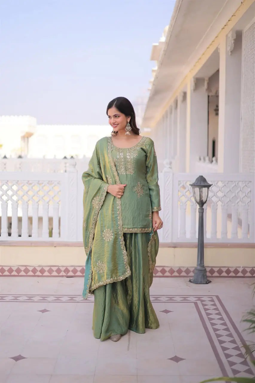 Zari Sequins Embroidered Fendi Crush Kurti Sharara Set