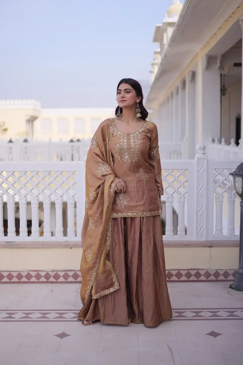 Zari Sequins Embroidered Fendi Crush Kurti Sharara Set
