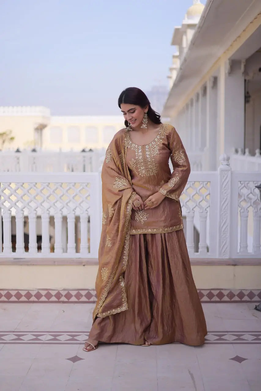 Zari Sequins Embroidered Fendi Crush Kurti Sharara Set