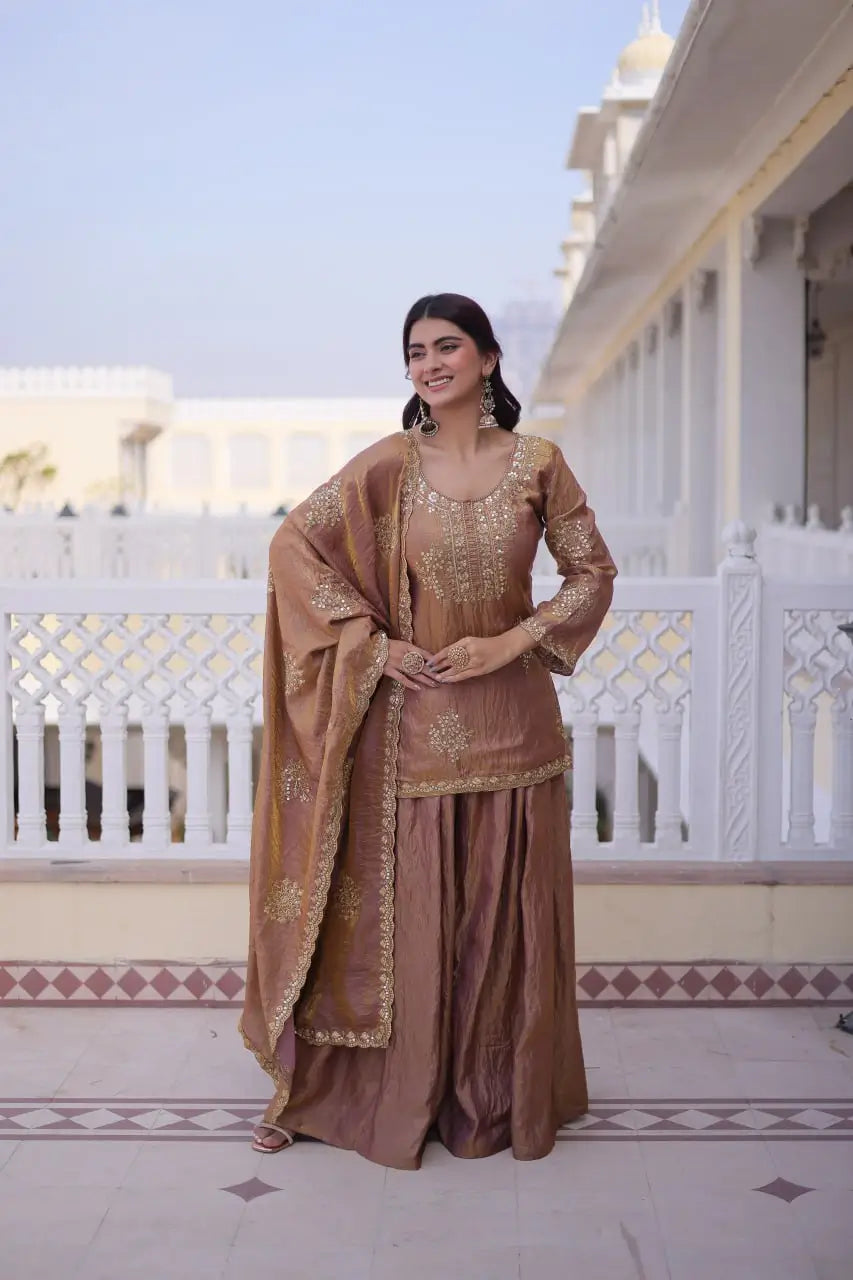 Zari Sequins Embroidered Fendi Crush Kurti Sharara Set