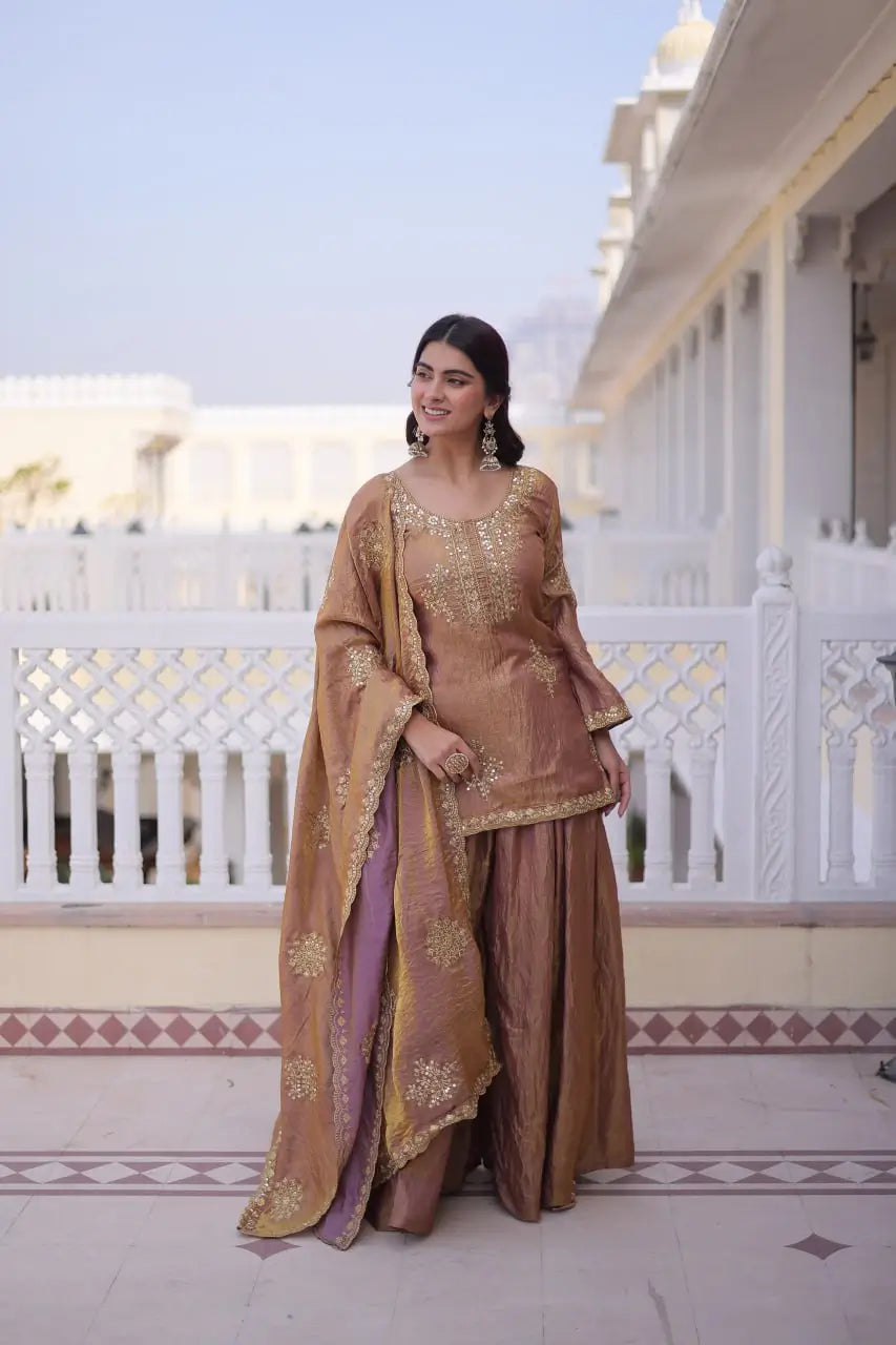 Zari Sequins Embroidered Fendi Crush Kurti Sharara Set