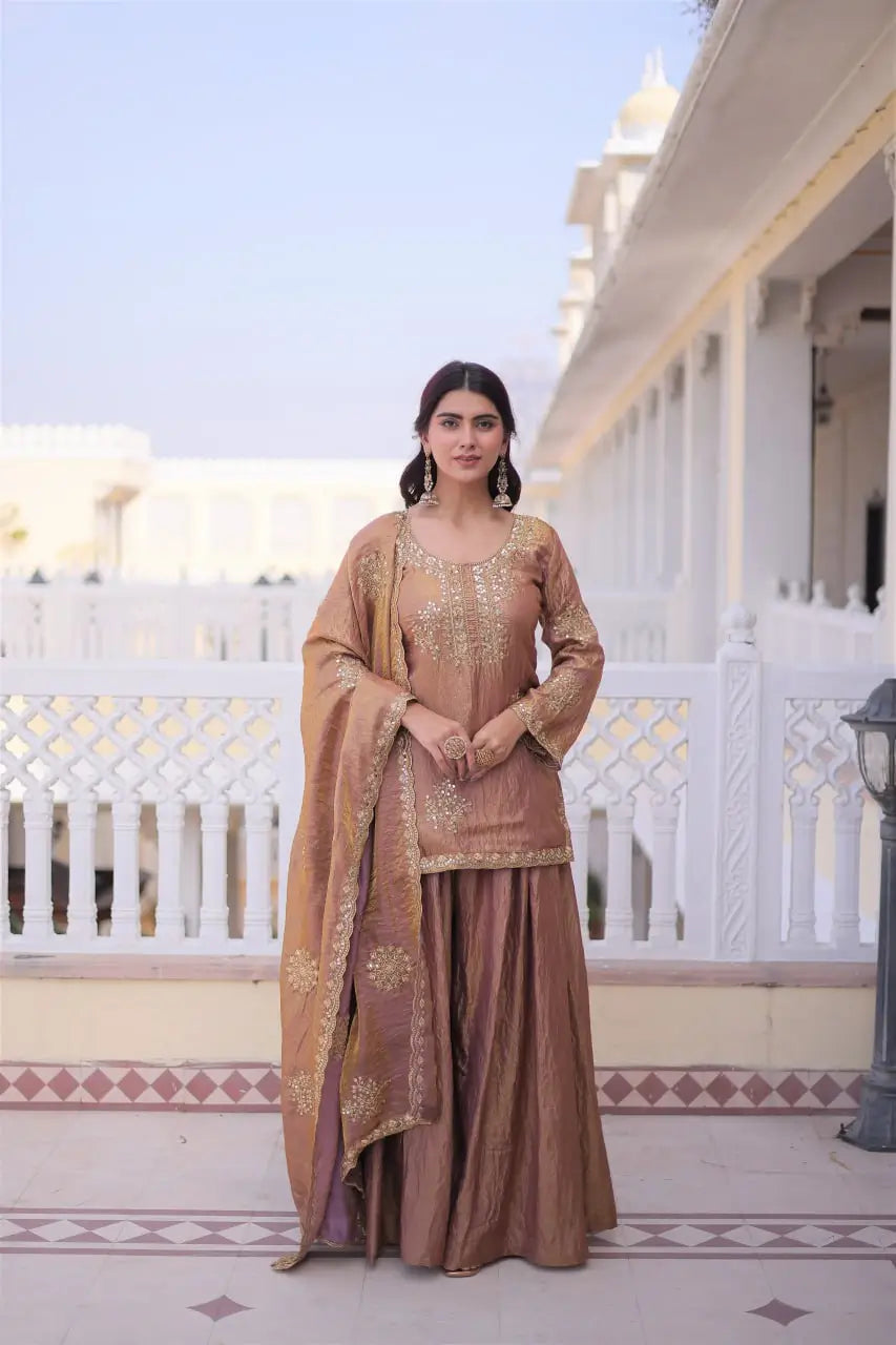 Zari Sequins Embroidered Fendi Crush Kurti Sharara Set