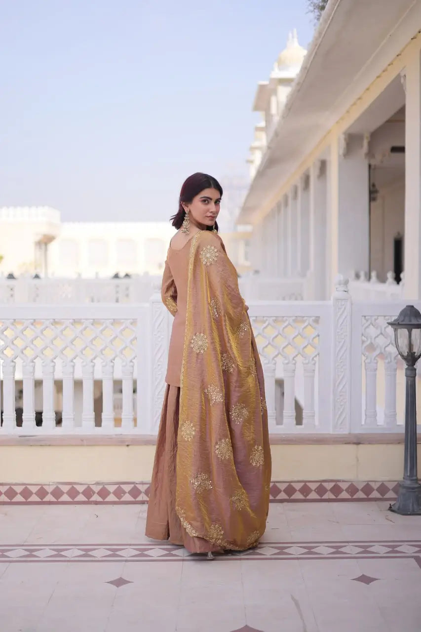 Zari Sequins Embroidered Fendi Crush Kurti Sharara Set