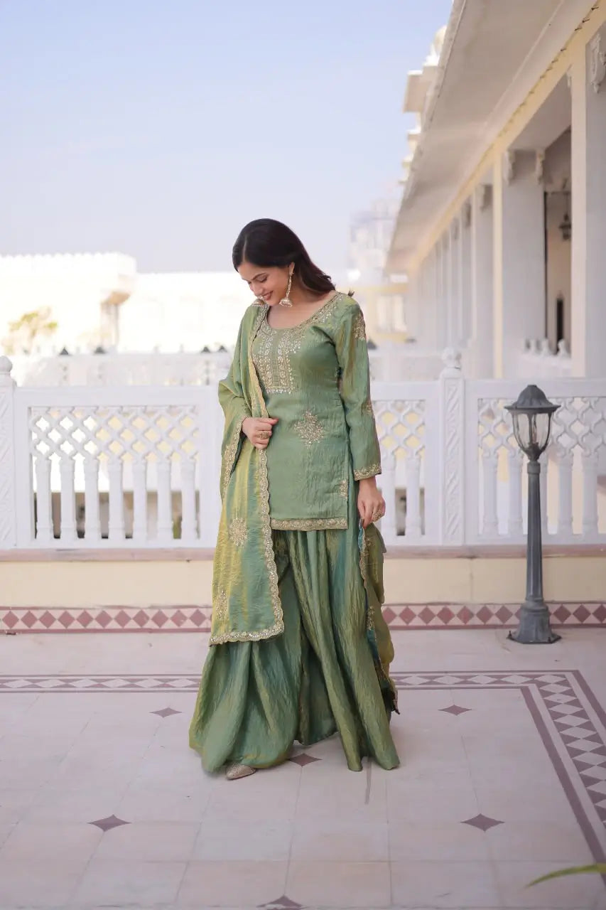 Zari Sequins Embroidered Fendi Crush Kurti Sharara Set