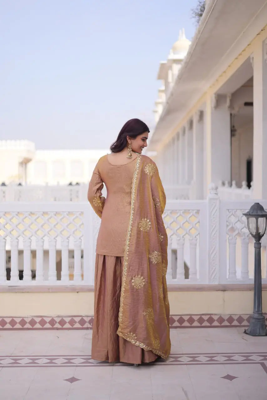 Zari Sequins Embroidered Fendi Crush Kurti Sharara Set