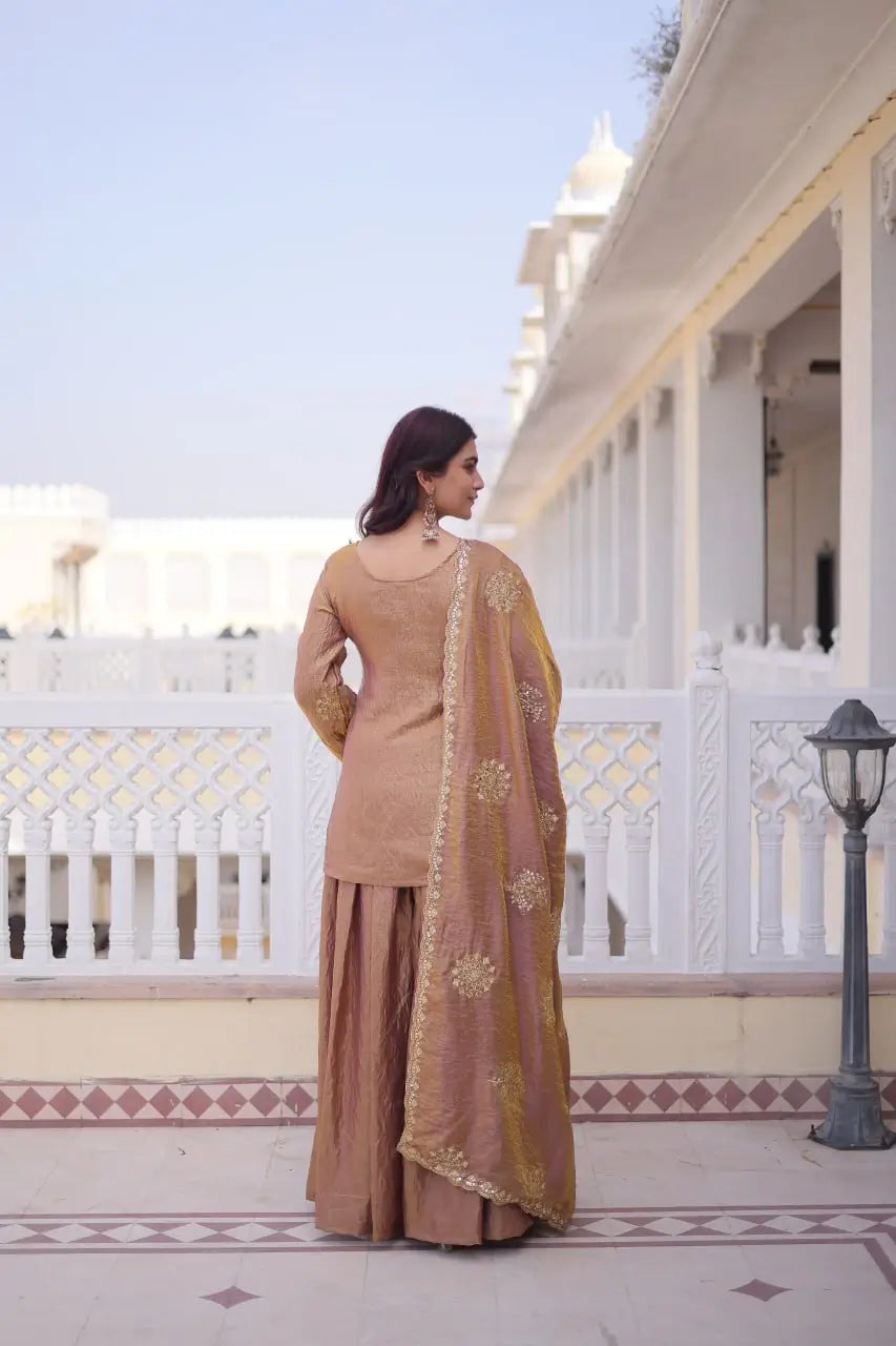 Zari Sequins Embroidered Fendi Crush Kurti Sharara Set