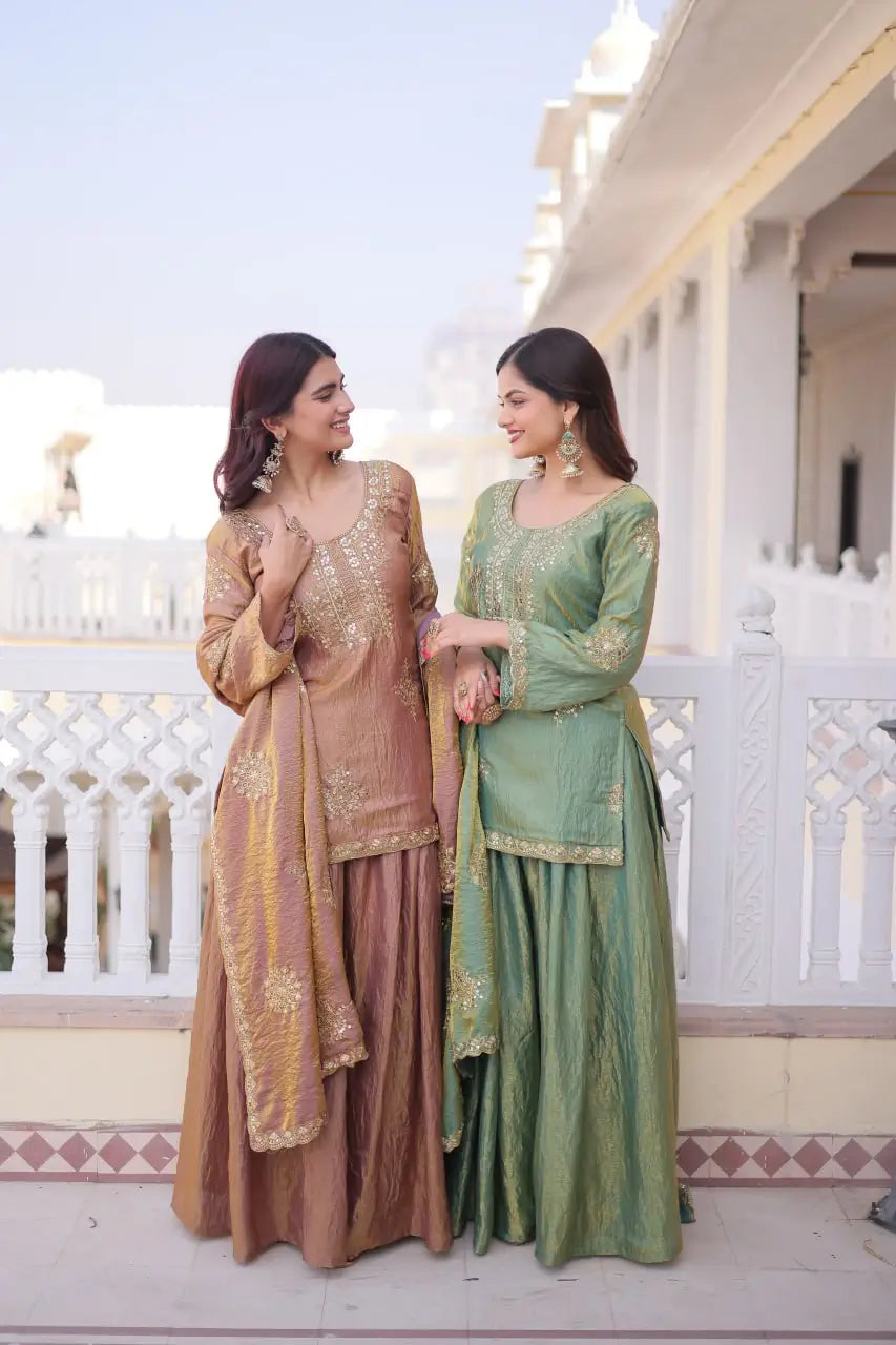 Zari Sequins Embroidered Fendi Crush Kurti Sharara Set