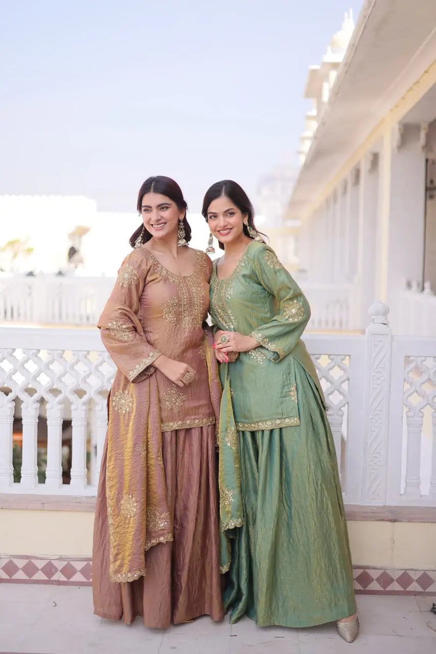 Zari Sequins Embroidered Fendi Crush Kurti Sharara Set