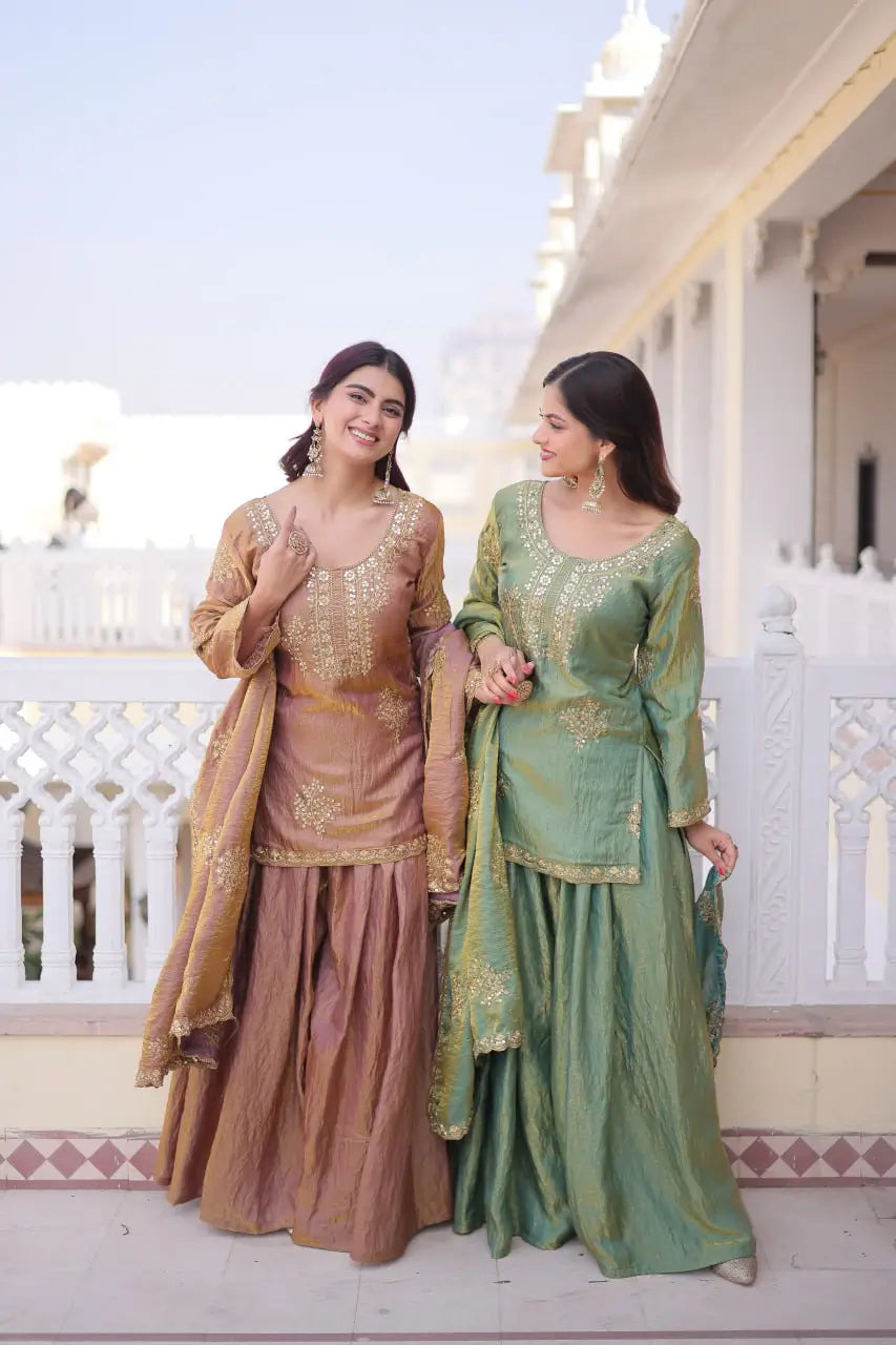 Zari Sequins Embroidered Fendi Crush Kurti Sharara Set