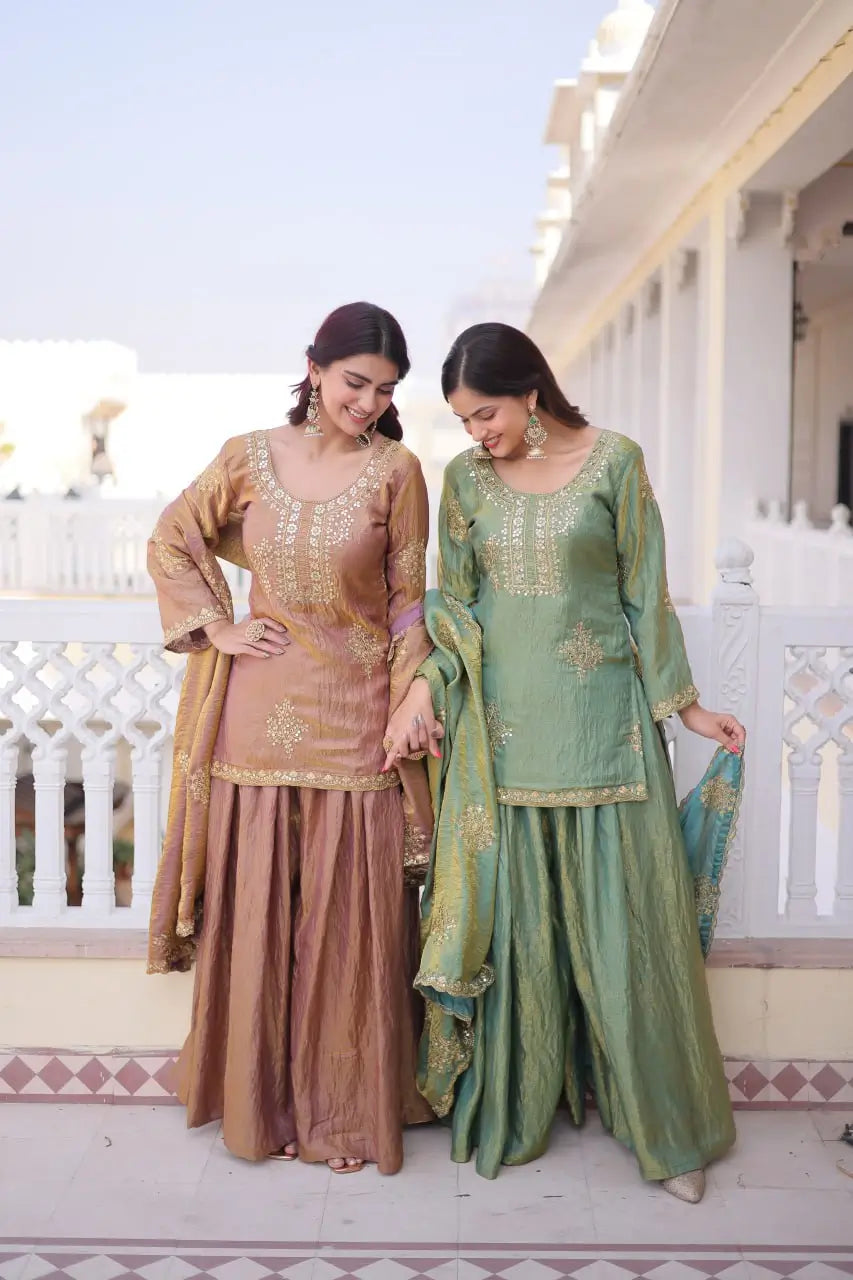 Zari Sequins Embroidered Fendi Crush Kurti Sharara Set